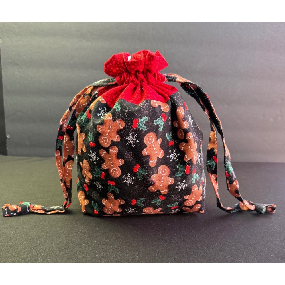 Handmade Gingerbread Man Christmas Drawstring Gift Bag Reusable Cotton Sack Fun